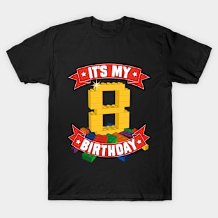 It's My Birthday 8th Years Old Block Building Boys Girls T-Shirt